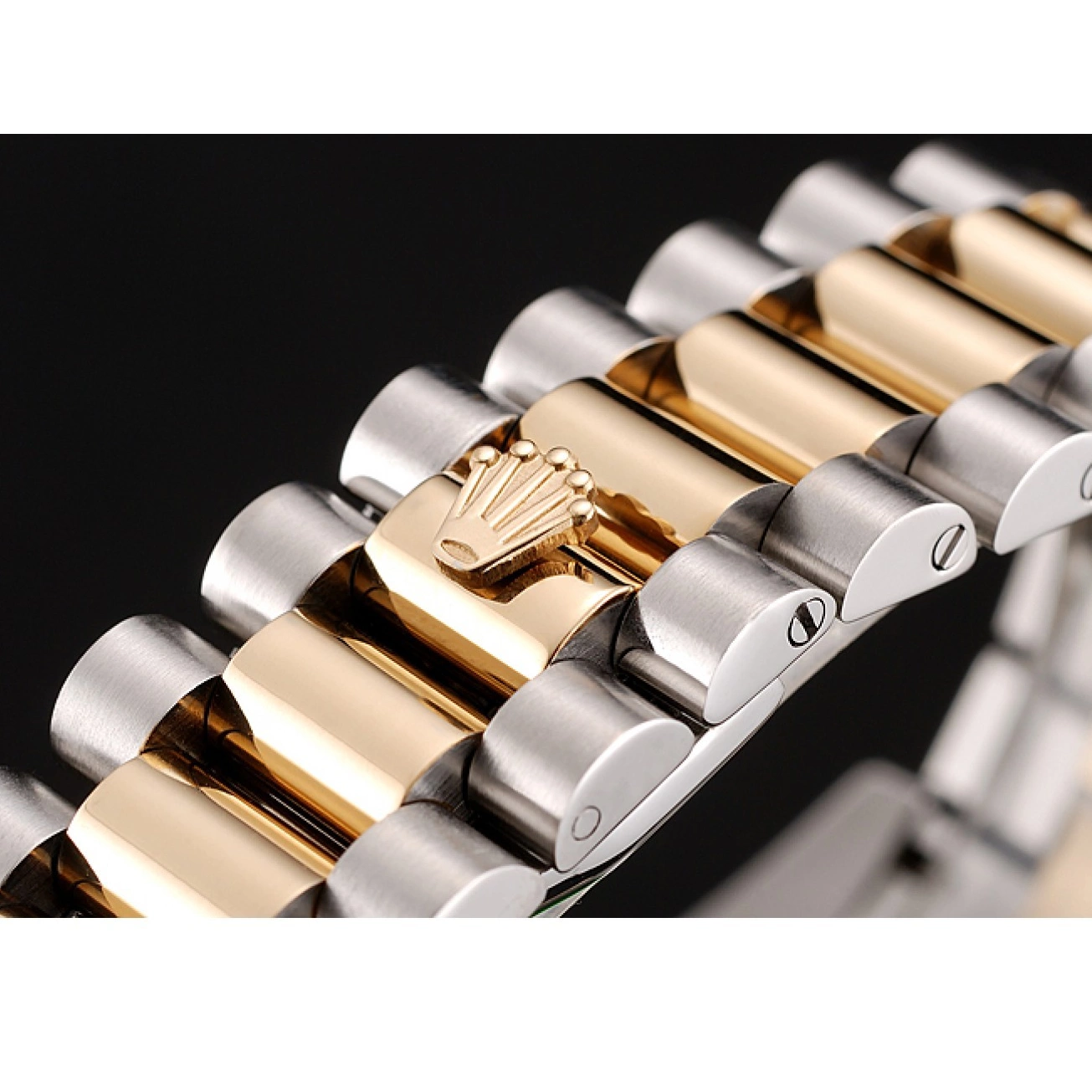 Aaa replica watch Rolex Diamond Gold Tone Dial Two Swiss Stainless Bracelet Black Steel Case Day-Date 1453975 0817